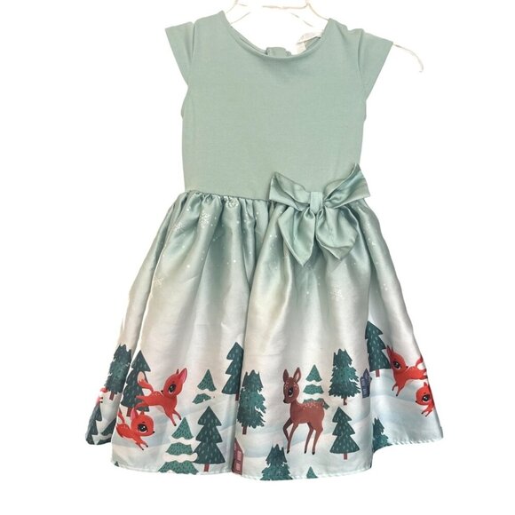 H&M Girls Dress With Reindeer Mint Green Cap Sleeve Bow Lined Size 6X-7 - Picture 1 of 6